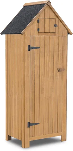Vista 9 de Mcombo Gabinete de almacenamiento para exteriores, cobertizo de madera, organizador de cobertizo de jardín, casilleros de madera con madera de abeto