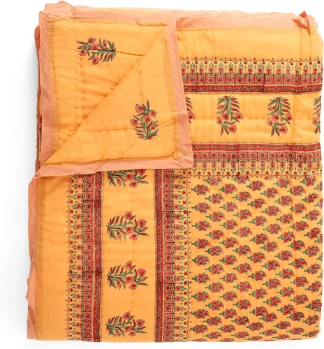 Vista 12 de Saffron Marigold Manta acolchada reversible rosa, tamaño Queen, hecha a mano, con estampado de dalia Daydreams de algodón Jaipuri Razai, colcha