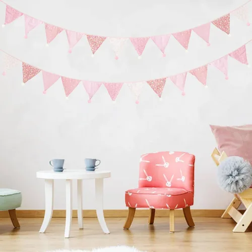 Vista 3 de Zwiebeco Banderines de 10.5 pies, color rosa y blanco, banderines de tela, pompones, guirnalda triangular para compromiso, boda, fiesta