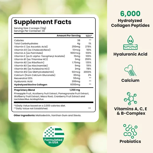 Vista 2 de Polvo de péptidos de colágeno hidrolizados, 12.7 onzas, suplemento de colágeno puro con probióticos y multivitamínicos, proteína de colágeno
