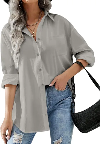 Vista 9 de HOTOUCH Camisas de gran tamaño con botones para mujer, blusa de hombro caída para oficina, de manga larga, estilo novio, camisa de vestir