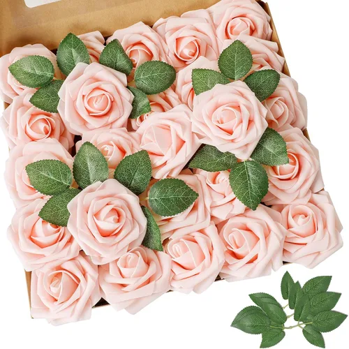 Vista 12 de AmyHomie 25 flores artificiales de aspecto real con tallo de rosa beige