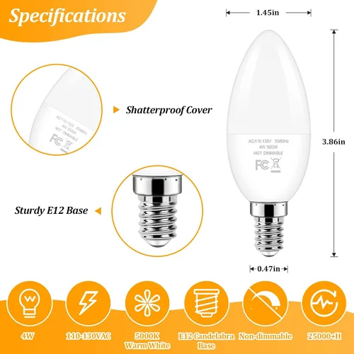 Vista 2 de Bombillas Brightever de candelabro E12 LED, equivalentes a 40 vatios, 4 W, blanco cálido 2700 K, bombillas para ventiladores de techo, luces de vela