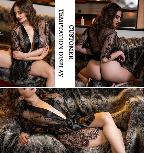 Vista 2 de Avidlove - Bata de noche tipo kimono para mujer, de encaje floral, camisón de malla transparente, lencería tipo babydoll