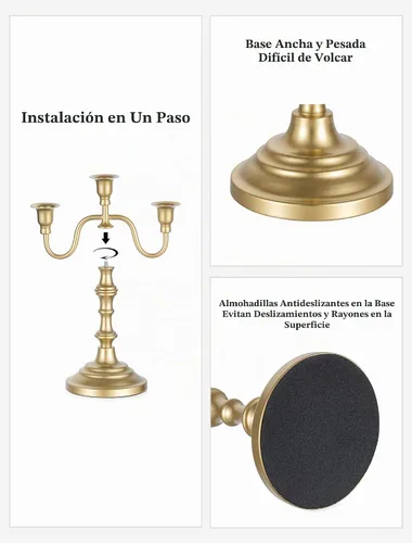 Vista 3 de NUPTIO Candelabros Gold Candelabros: Candelabro de latón con 3 brazos Juego de 2 velas cónicas para decoración de Navidad, chimenea, centros de mesa