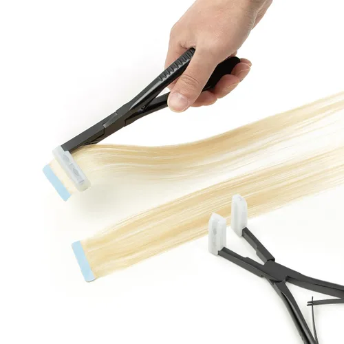 Vista 8 de Cinta en herramienta de extensión, alicates de sellado de extensiones de Alicates negros de acero inoxidable con almohadillas antideslizantes