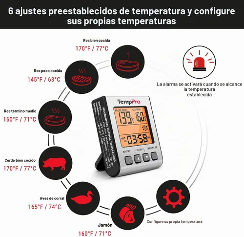 Vista 4 de TempPro Termómetro digital de carne para cocinar y asar a la parrilla, termómetro de alimentos para barbacoa con luz de fondo y temporizador