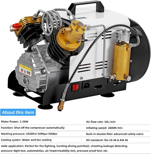 Vista 9 de Compresor de aire PCP, 4500 PSI/30 MPa, apagado automático, 110 V AC/220 V CA, compresor de doble cilindro PCP, adecuado para rifles de aire PCP