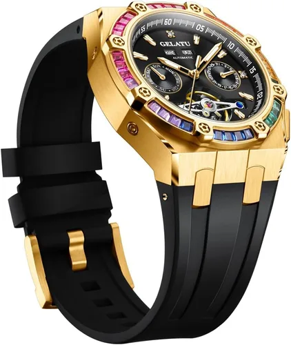 Vista 9 de Diamond Skeleton Mens Watches Automatic Mechanical Luxury Watch Sapphire Crystal Waterproof Luminous Wristwatch Silicone Band