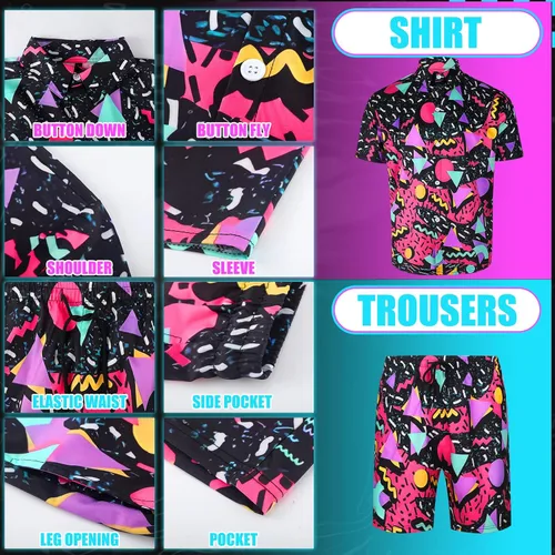 Vista 3 de Geosar 3 Pcs 80s 90s Outfit for Men Hippie Costume Color fresco