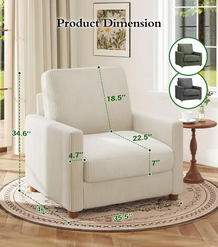 Vista 2 de Kidirect Silla de acento extragrande de 35.5 pulgadas, sillas de sala de montaje fácil, silla de lectura de pana para dormitorio, sillas de acento