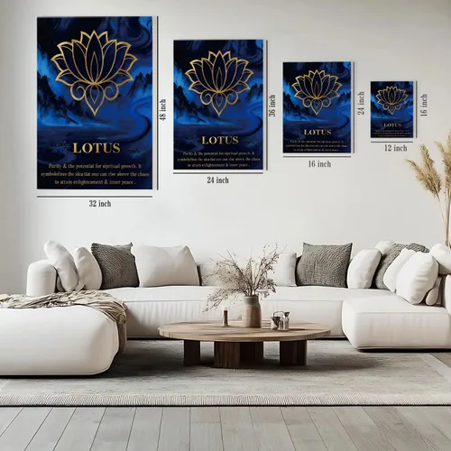 Vista 2 de Arte de pared Zen azul y dorado para sala de estar, flor de loto abstracto, naturaleza, montaña, río, imagen, meditación, oficina, budismo