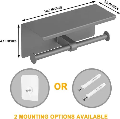 Vista 6 de Soporte de papel higiénico doble de acero inoxidable con estante de almacenamiento para teléfono (gris)