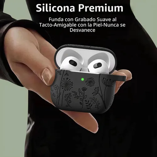 Vista 9 de Lerobo Funda para AirPods 5/4, funda de silicona suave grabada con flores A-Negro