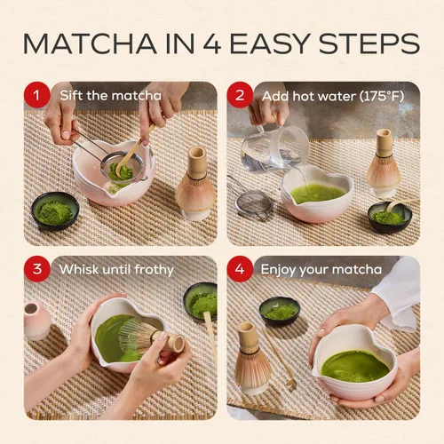 Vista 6 de Rehny’s Juego de batidor matcha Juego completo de matcha con cuenco en forma de corazón, batidor de bambú, soporte, tamiz de acero inoxidable