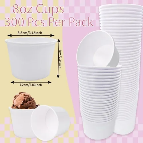 Vista 2 de 300 tazas de helado de papel blancas de 8 onzas, taza de helado desechable de 8 onzas, vasos de postre de papeles, tazas de papel para helados