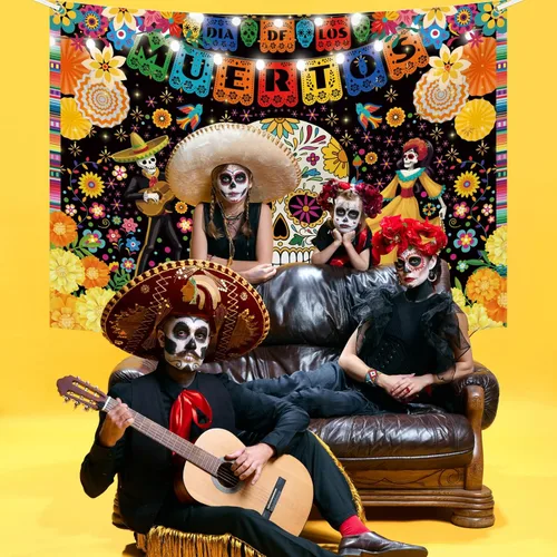 Vista 8 de MEHOFOND Telón de fondo del Día de los Muertos de 7 x 5 pies para fiesta mexicana, Día de los Muertos, decoración de fiesta de cumpleaños, pancarta