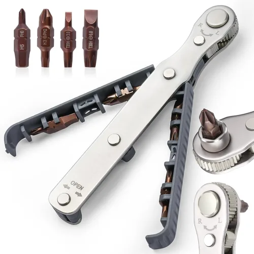 Vista 6 de OSDUE Juego de 5 piezas de llave de trinquete mini, transmisión de 1/4 pulgada, destornillador reversible de alto torque con offset, con puntas Mini