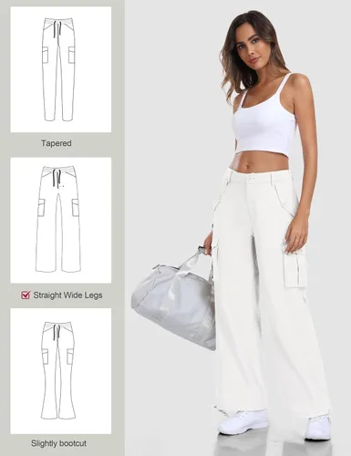 Vista 6 de MoFiz Pantalones cargo para mujer, 6 bolsillos, holgados, de pierna ancha, cintura alta, casuales, para senderismo, exteriores, atléticos