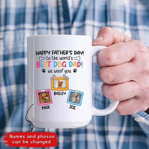 Vista 3 de Taza de café blanca personalizada con foto, con texto en inglés «To The World's Best Dog Dad We Woof You», taza de café blanca de 11 onzas y 15