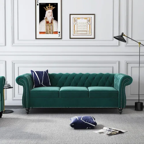 Vista 18 de RARZOE Chesterfield - Silla contemporánea de terciopelo Chesterfield, silla de club de terciopelo, silla Chesterfield con brazos enrollados de Azul