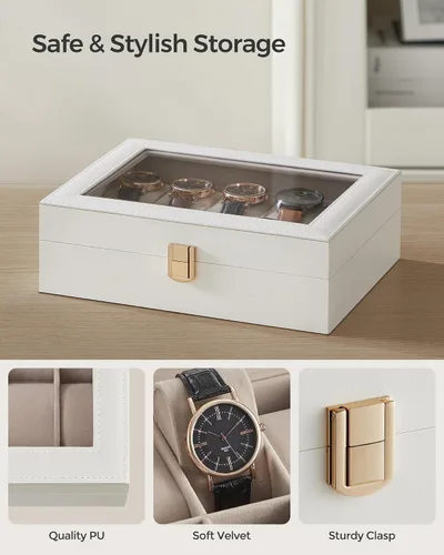 Vista 3 de SONGMICS Caja de reloj, regalos de Navidad, caja de reloj de 10 ranuras con tapa de vidrio grande, almohadas de reloj extraíbles, organizador