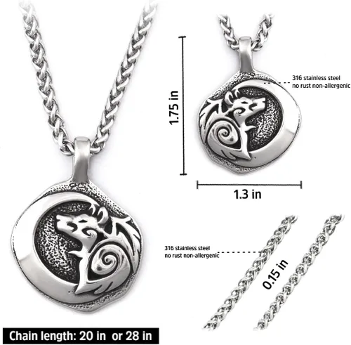 Vista 5 de BAVIPOWER Colgante de cabeza de lobo vikingo Fenrir de acero inoxidable, collar nórdico, potente joyería pagana para hombres y mujeres, protección