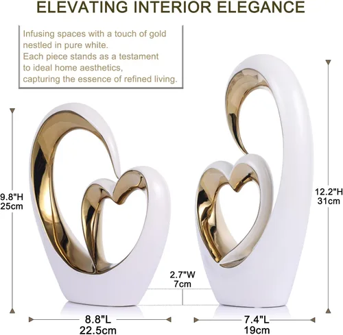 Vista 3 de Estatuas de corazón de cerámica de oro blanco, esculturas abstractas para el hogar, para dormitorio, boda, decoración de San Valentín y regalos