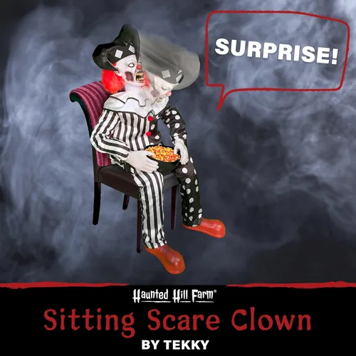 Vista 4 de Haunted Hill Farm Hartley The Sitting Scare Clown de Tekky, animatrónico de Halloween activado por movimiento para decoración de bromas de fiesta