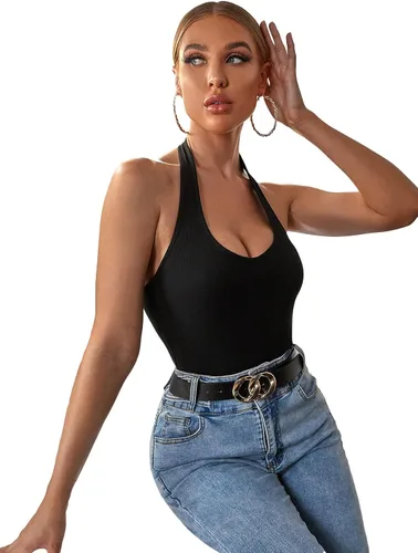 Vista 3 de SheIn Camiseta sin mangas con cuello halter para mujer, estilo casual, de punto acanalado