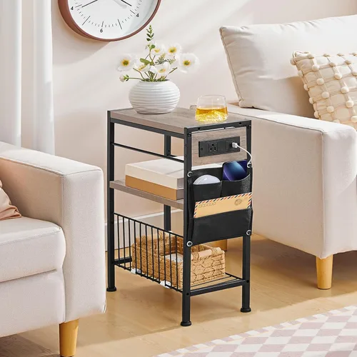 Vista 2 de HOOBRO Mesa auxiliar con estación de carga, mesa auxiliar pequeña con soporte para revistas, mesita de noche, estante de almacenamiento de 3 niveles