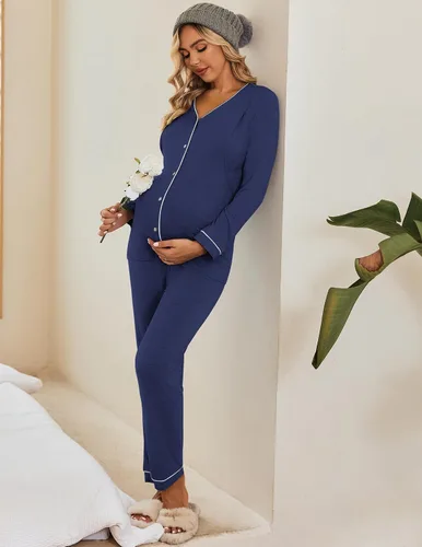 Vista 4 de Ekouaer Conjunto de pijama de maternidad con botones, ropa de dormir de manga larga para lactancia materna con pantalones ajustables