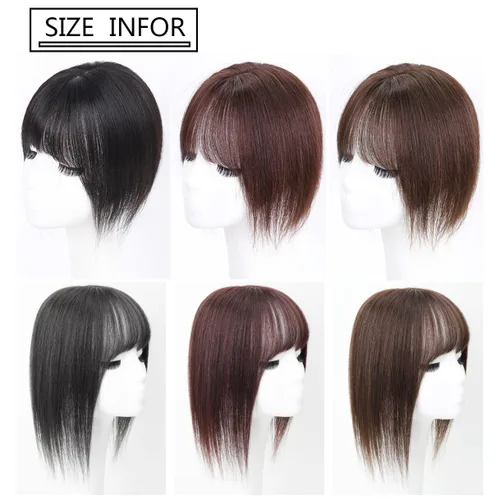 Vista 6 de Parte media parte de seda parte base cabello humano Topper 2.8x3.9 in frente recto clip en postizo con flecos Wispy 7.9 in negro apagado
