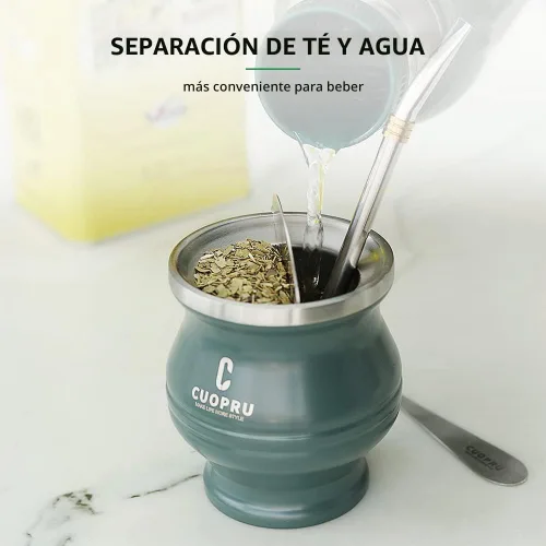Vista 2 de Cuopru Juego y taza de yerba mate de acero inoxidable, 6.7 onzas, verde militar, diseño moderno