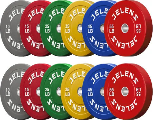 Vista 13 de Juego de Placas de Peso para Barra Olímpica JELENS, Juego de Pesos de Goma de 2 Pulgadas Negro/Colorido para Entrenamiento de Fuerza y Levantamiento