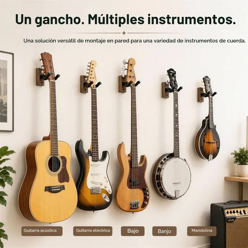 Vista 7 de Soporte de pared para guitarra con soporte para púas y 6 púas de celuloide, colgador de guitarra de madera de nogal en forma de U, soporte de gancho