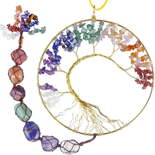 Vista 2 de rockcloud Cristales curativos 7 piedras de chakra, árbol de la vida, colgador de pared, piedras preciosas caídas, adorno colgante y 10 piezas