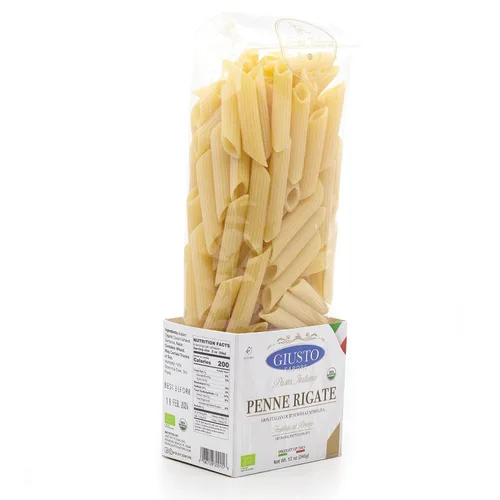 Vista 2 de Giusto Sapore Pasta italiana artesanal importada de Penne Rigate, bronce orgánico dibujado, 340G