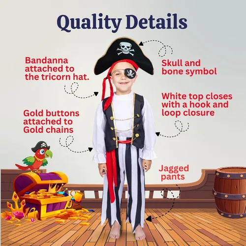 Vista 3 de Dress Up America Disfraz de pirata para niños, auténtico disfraz de pirata para Halloween, fiestas de cumpleaños y disfraz de juego de roles