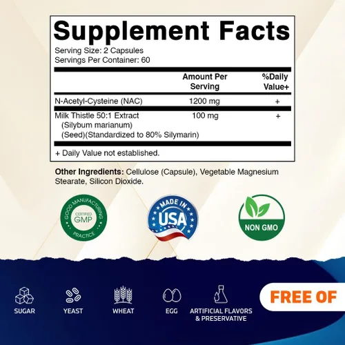 Vista 2 de Vitamatic Suplemento NAC N-acetil-L-cisteína (NAC) con extracto 50:1 de cardo mariano - Apoya la salud inmunológica, respiratoria, hepática, 1200 mg