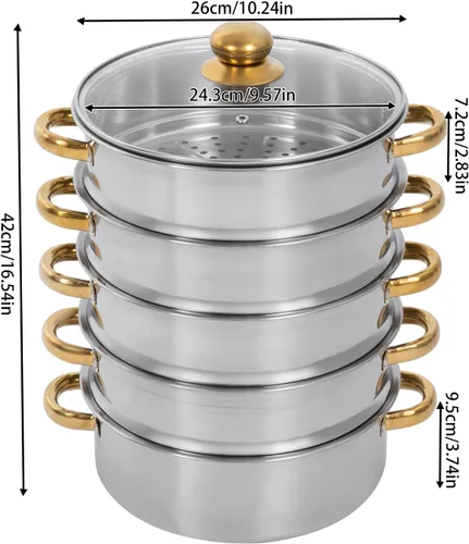 Vista 5 de Olla de vapor, olla de vapor de acero inoxidable de 5 niveles con práctica asa de tapa, utensilios de cocina multiusos de 5.0 cuartos de galón