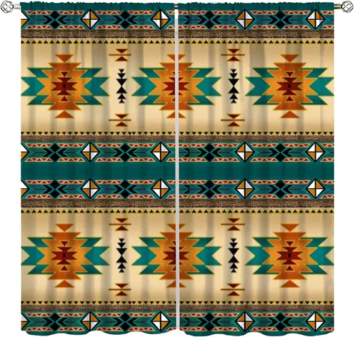 Vista 15 de YCness Cortinas aztecas para dormitorio, decoración geométrica étnica del suroeste para sala de estar, diseño tribal bohemio de elefante nativo