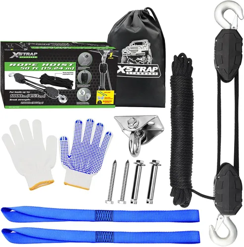 Vista 8 de XSTRAP STANDARD - Polipasto de cuerda de 50 pies, resistente bloque de rueda de rotura de 2000 libras Tackle Pulley System for Lifting Heavy