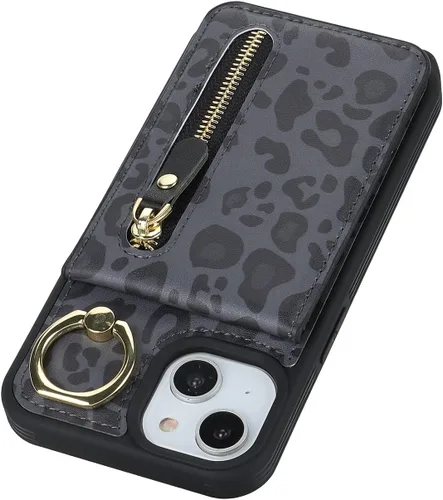 Vista 8 de Funda para iPhone 13 mini con tarjetero y correa para mujer, bolsa cruzada con soporte de anillo con cremallera para Apple 13mini, leopardo negro