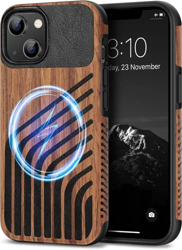 Vista 13 de TENDLIN Compatible con iPhone 13 mini - Funda de grano de madera con textura de fibra de carbono, funda híbrida de cuero compatible con iPhone 13