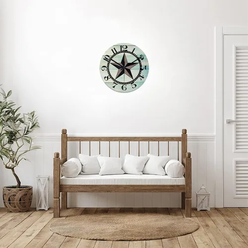 Vista 7 de Reloj de pared redondo de estilo rústico con estrellas del oeste de Texas, reloj de madera, silencioso, sin tictac, funciona con pilas, con números