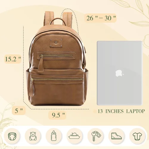 Vista 3 de miss fong Bolsa de pañales pequeña para viaje, de cuero, mochila para pañales de bebé con 7 bolsillos con cargador USB y 2 bolsillos aislados