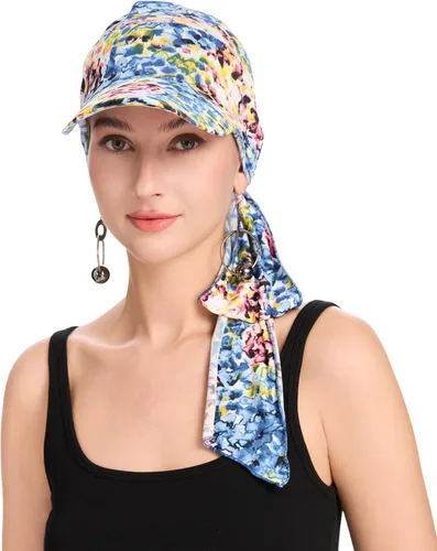 Vista 8 de ZLYC Gorro de quimioterapia para mujer, visera para la cabeza, bufanda preatada, gorra ligera de calavera Blanco sólido
