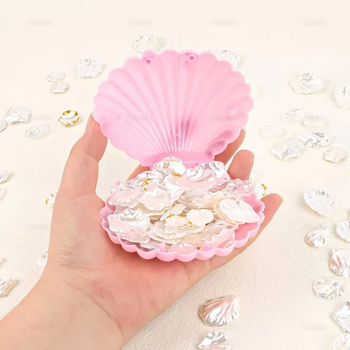 Vista 4 de AUEAR, Paquete de 15 cajas de dulces de conchas marinas rosadas de plástico para boda, mini caja de almacenamiento de conchas marinas