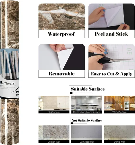 Vista 7 de LACHEERY Papel adhesivo de mármol marrón oscuro para gabinetes, papel tapiz autoadhesivo para encimeras de cocina, papel tapiz autoadhesivo
